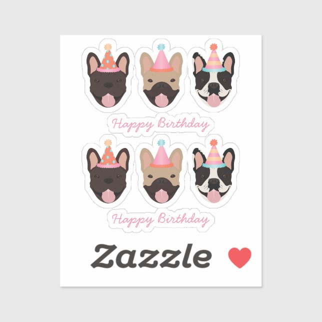 Happy Birthday French Bulldog Party Hats Pink Sticker (Sheet)