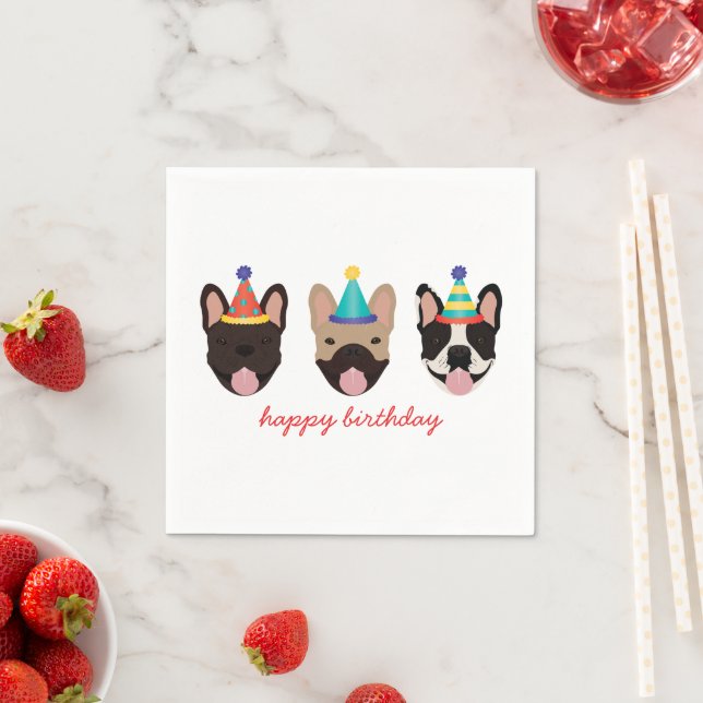 Happy Birthday French Bulldog Party Hats Red Napkins (Insitu)