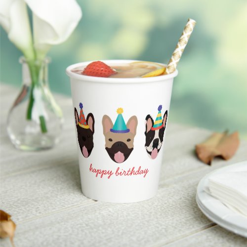 Happy Birthday French Bulldog Party Hats Red Paper Cups