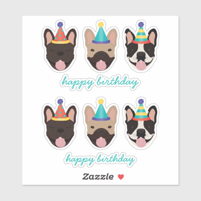 Happy Birthday French Bulldog Party Hats Sticker (Sheet)