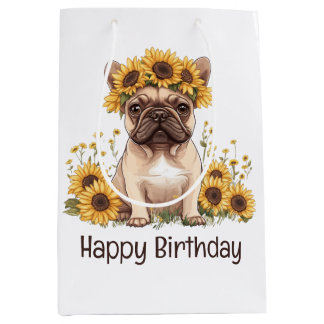 Happy Birthday French Bulldog Sunflowers Medium Gift Bag