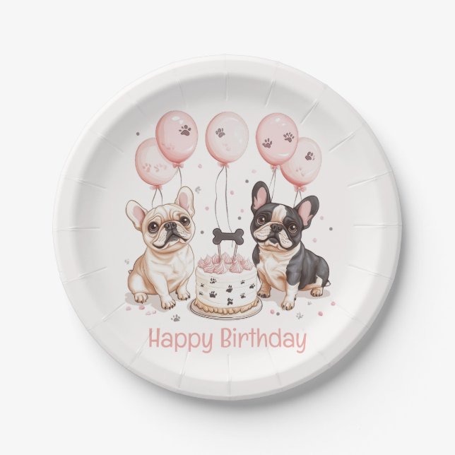 Happy Birthday French Bulldogs Birthday Cake Pink Paper Plates (Front)