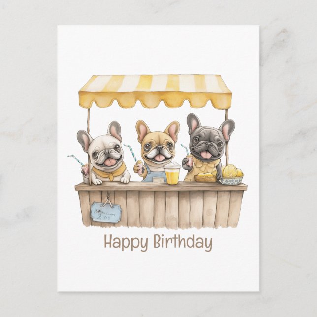 Happy Birthday French Bulldogs Lemonade Stand Postcard (Front)