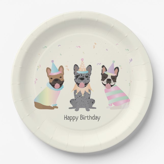 Happy Birthday French Bulldogs Paper Plates (Front)