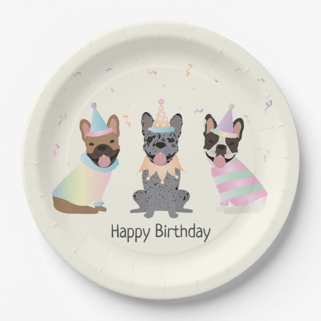 Happy Birthday French Bulldogs Paper Plates (Front)