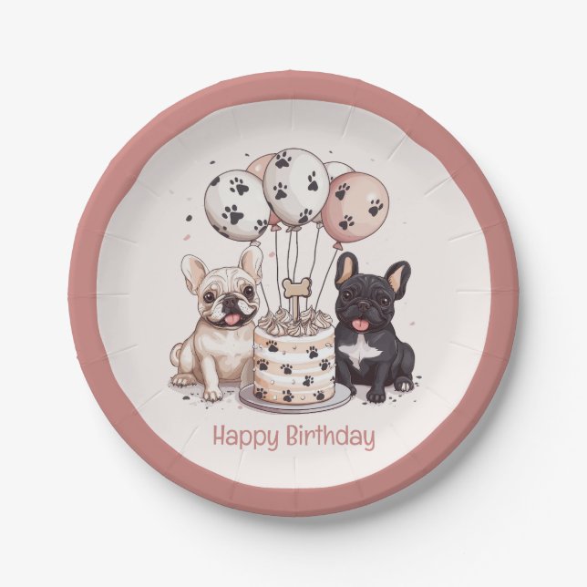 Happy Birthday French Bulldogs Party Hats Paper Plates (Front)