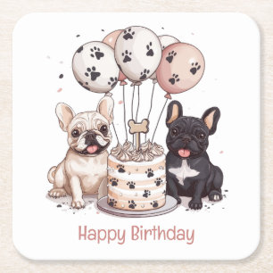 Happy Birthday French Bulldogs Party Hats Square Paper Coaster