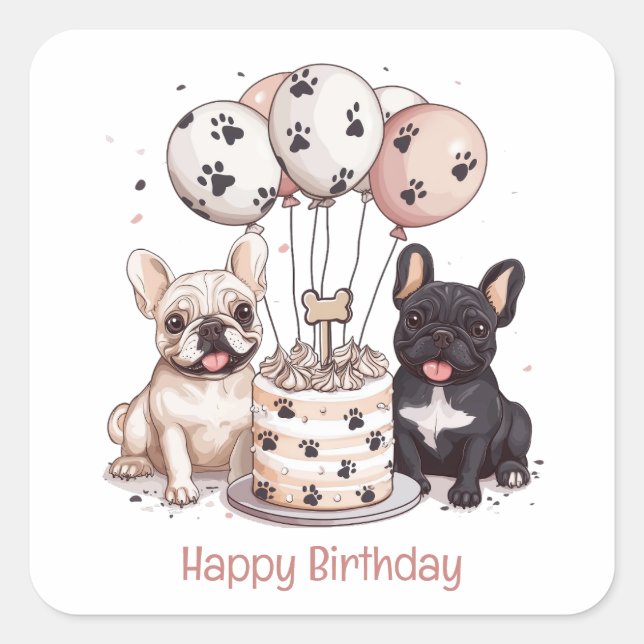 Happy Birthday French Bulldogs Party Hats Square Sticker (Front)