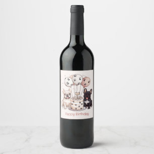 Happy Birthday French Bulldogs Party Hats Wine Label