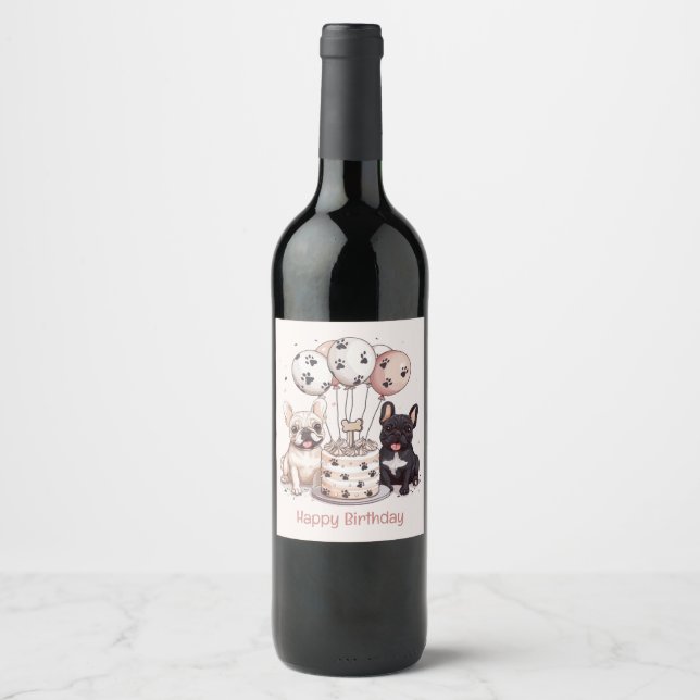 Happy Birthday French Bulldogs Party Hats Wine Label (Front)