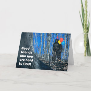 Happy Birthday Friend Bigfoot Balloons in Woods Holiday Card