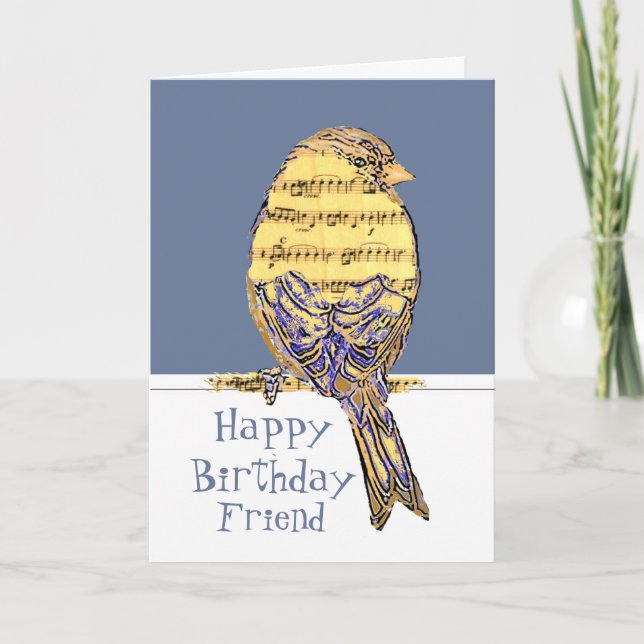 Happy Birthday Friend Musician Fun Music Note Bird Card (Front)
