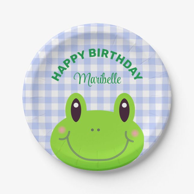 Happy Birthday Frog Cute Blue Paper Plates (Front)