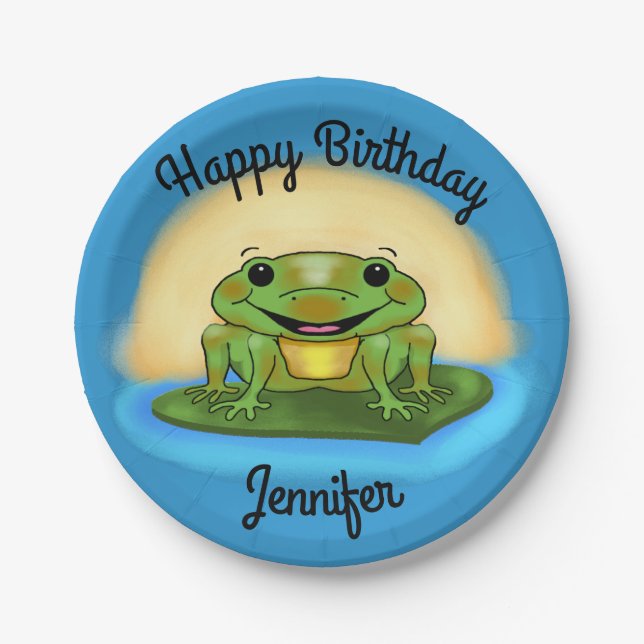 Happy Birthday Frog on a Lily Pad Paper Plates (Front)