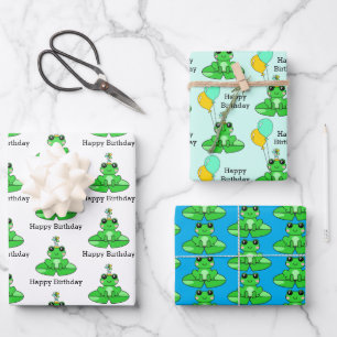 Happy Birthday Frog with Balloons Wrapping Paper Sheets