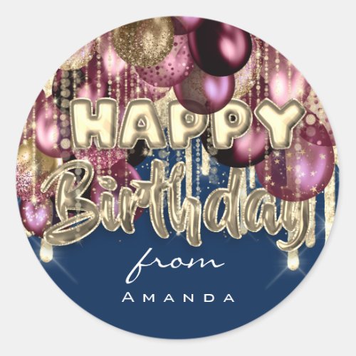 Happy Birthday From Burgundy GOLD Balloons blue Classic Round Sticker