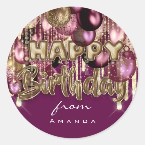 Happy Birthday From Burgundy GOLD Balloons Sepia Classic Round Sticker