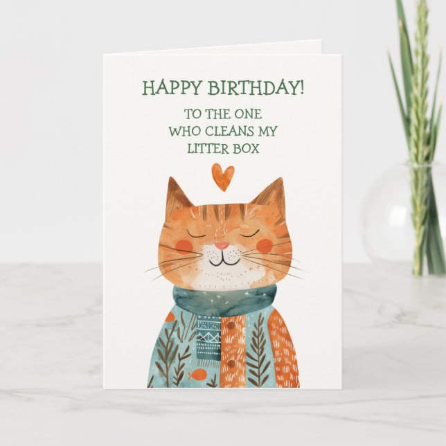 Happy Birthday From Cat Funny Whimsical Cat Mom Holiday Card (Front)