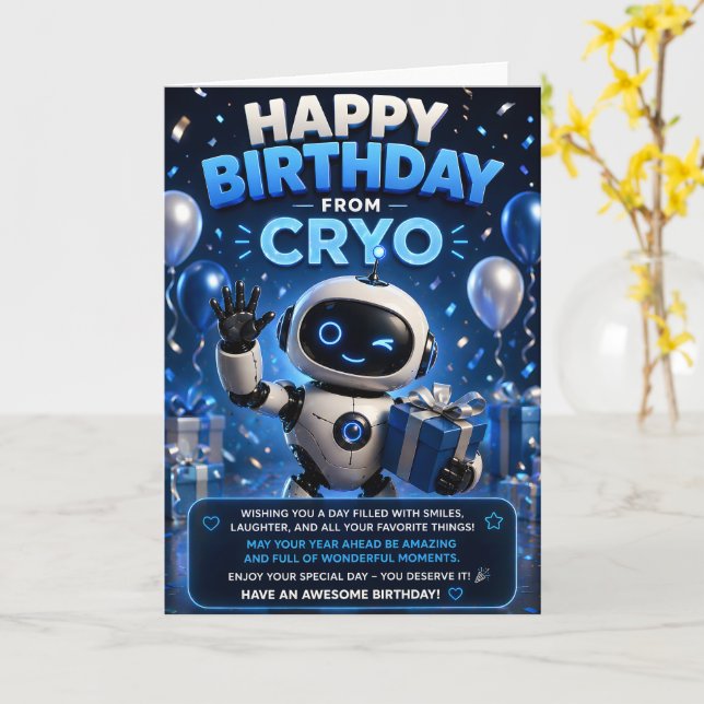 Happy birthday from Cryo, cute robot space greetin Card (Yellow Flower)