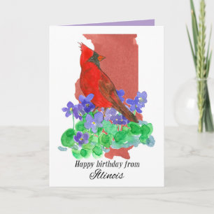 Happy Birthday from Illinois Cardinal Bird Violets Card