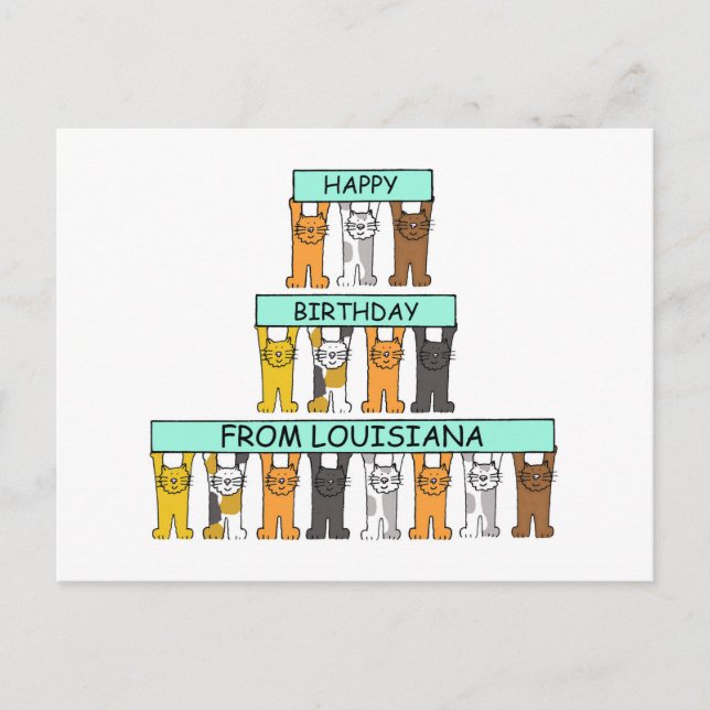 Happy Birthday from Louisiana Cartoon Cats Postcard (Front)