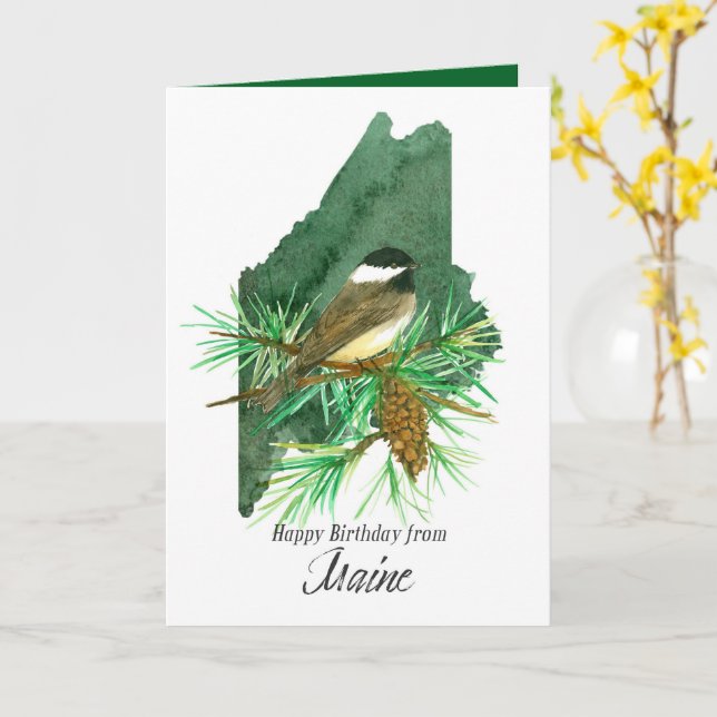 Happy Birthday from Maine Chickadee Pinecone Card (Yellow Flower)