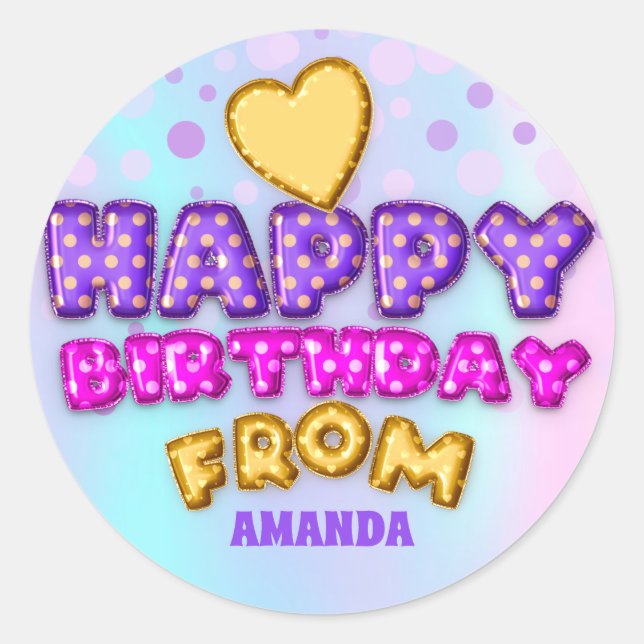 Happy Birthday From Name Balloon Pink Golden Heart Classic Round Sticker (Front)