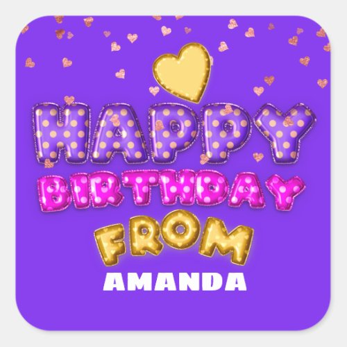 Happy Birthday From Name Balloons Pink Heart Comix Square Sticker