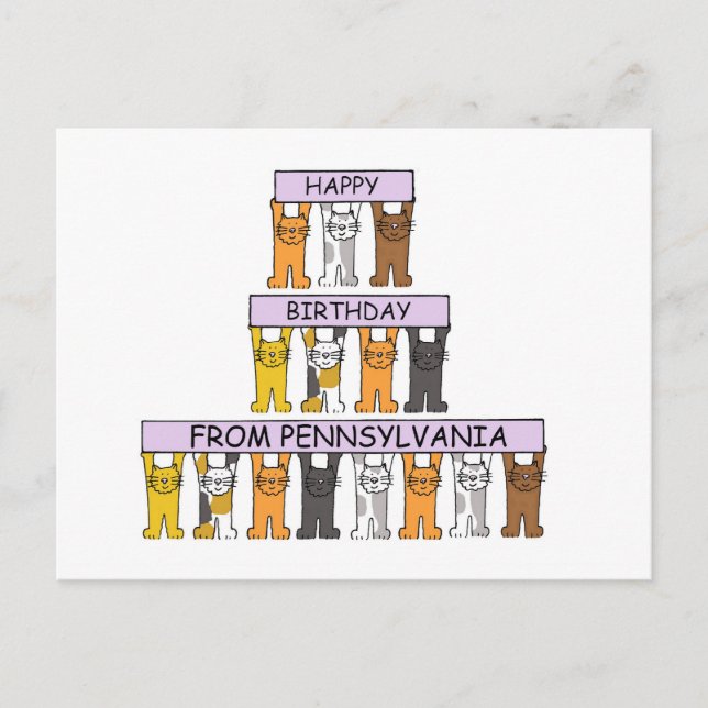 Happy Birthday from Pennsylvania Cartoon Cats Postcard (Front)
