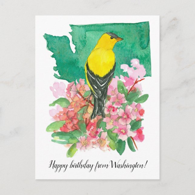 Happy Birthday from Washington Goldfinch Flower Postcard (Front)
