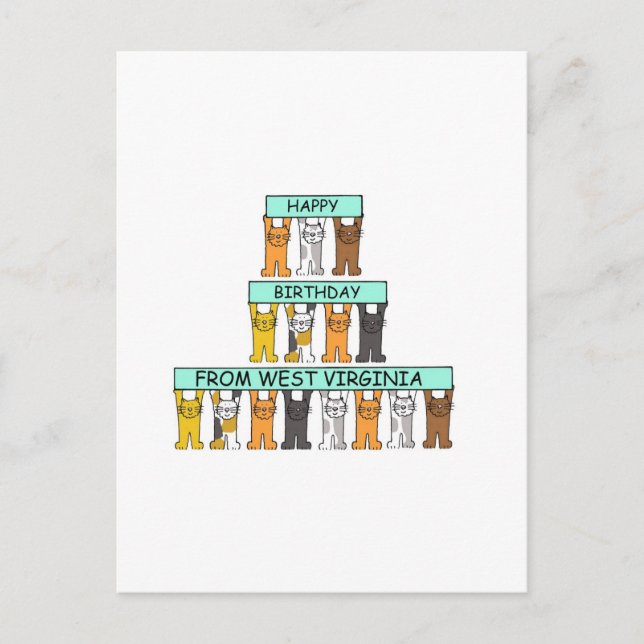 Happy Birthday from West Virginia Cartoon Cats Postcard (Front)