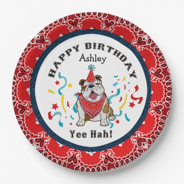 Happy Birthday from Your Bulldog Dog  Red Bandana Paper Plates (Front)