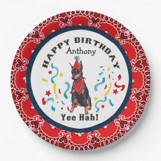 Happy Birthday from Your Doberman  Dog Red Bandana Paper Plates (Front)