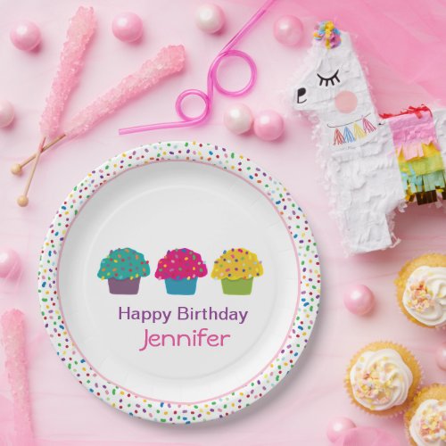 Happy Birthday Frosted Cupcake Rainbow Sprinkles Paper Plates