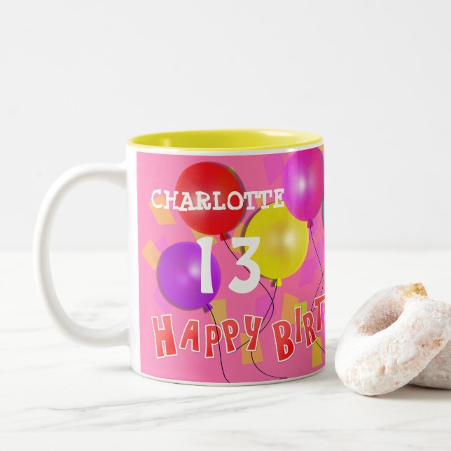 Happy Birthday Fun 13th  Milestone Personalized Tw Two-Tone Coffee Mug (With Donut)
