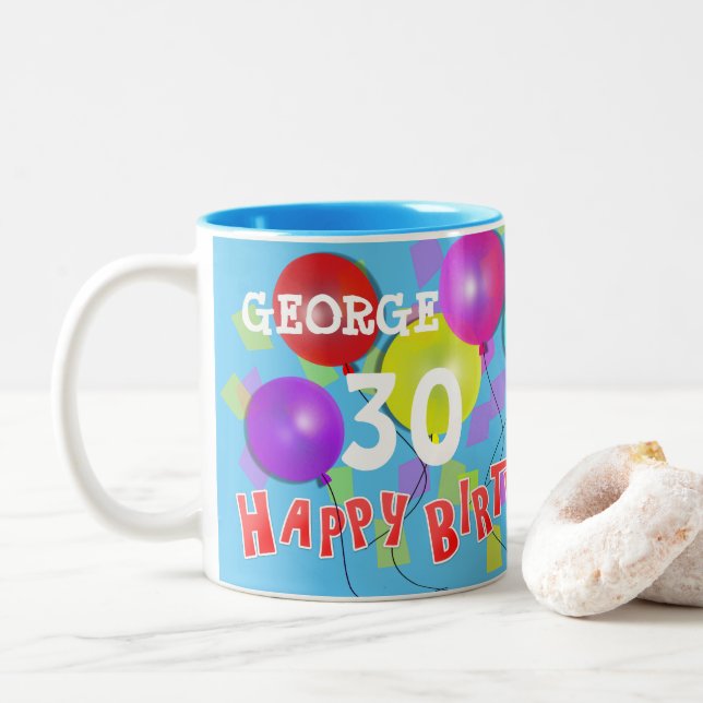 Happy Birthday Fun 30th Milestone Personalized Two-Tone Coffee Mug (With Donut)