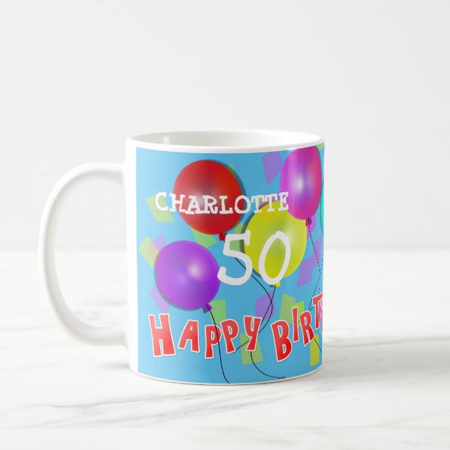 Happy Birthday Fun 50th Milestone Personalized Coffee Mug (Left)