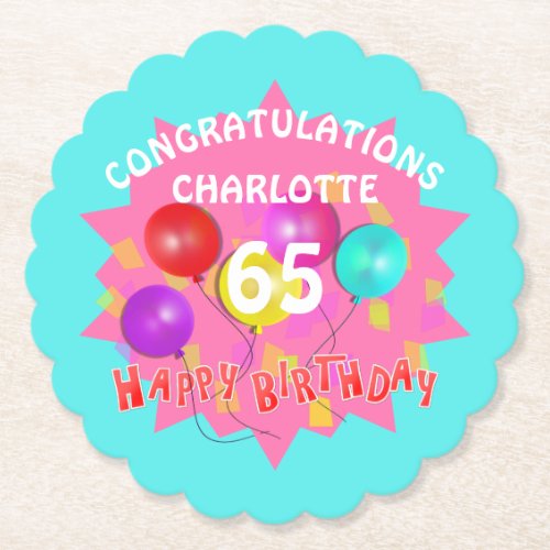 Happy Birthday Fun 65th Milestone Personalized Paper Coaster