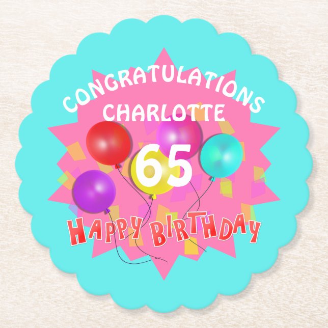 Happy Birthday Fun 65th Milestone Personalized Paper Coaster (Front)