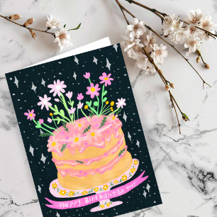 Happy Birthday Fun Cake with Pink Flowers Gouache Card