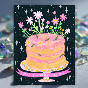 Happy Birthday Fun Cake with Pink Flowers Gouache Postcard