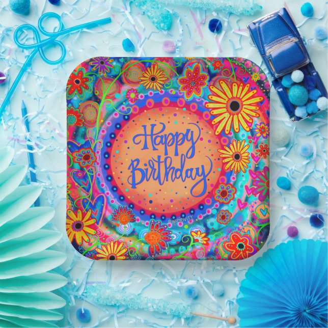 Happy Birthday Fun Colorful Floral Inspirivity Paper Plates (Party)