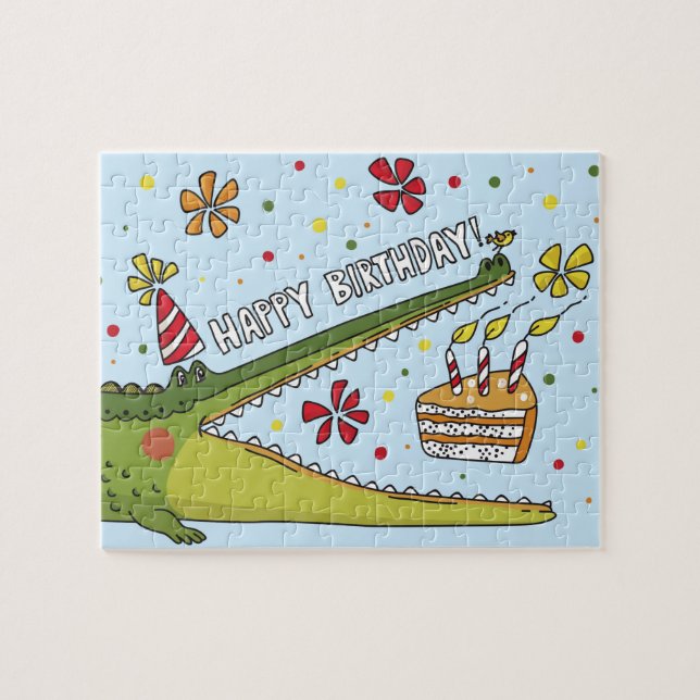 Happy Birthday Fun Crocodile Cartoon Illustration Jigsaw Puzzle (Horizontal)