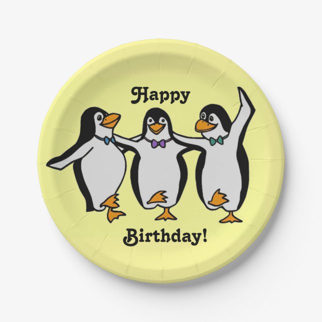 Happy Birthday! Fun Dancing Penguins Paper Plates (Front)