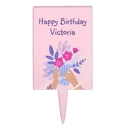 Happy Birthday Fun Flower Bouquet Custom Name Cake Topper