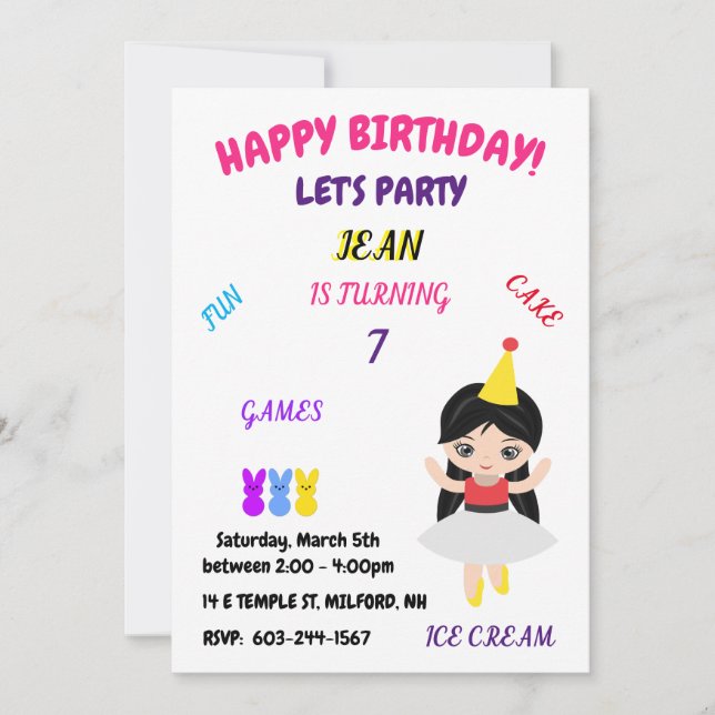 "Happy Birthday" Fun, Games, Cake, ice cream,  Inv Invitation (Front)