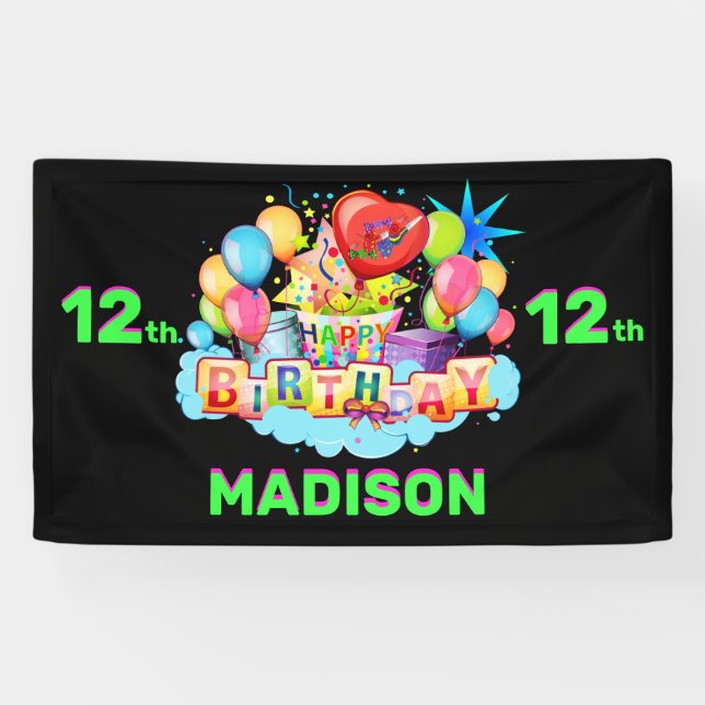 Happy Birthday Fun Kids Banner Add Name & Age (Horizontal)