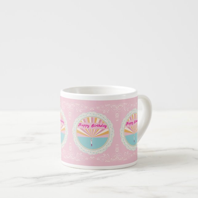 Happy Birthday Fun Mug, Cute Pink Rainbow Espresso Cup (Front Right)
