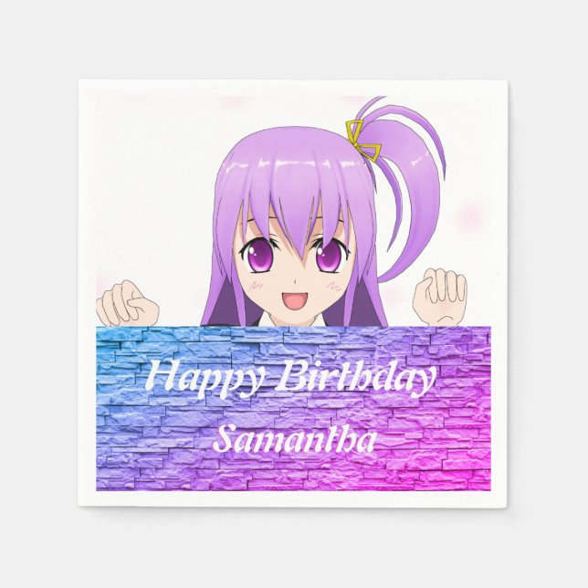 Happy Birthday fun pink purple anime kawaii girl Napkins (Front)