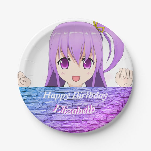 Happy Birthday fun pink purple anime kawaii girl Paper Plates (Front)